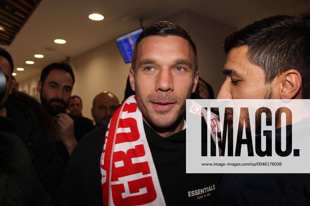 KW03 German striker Lukas Podolski reacts as he arrives at the Antalya Airport in Turkey on January 19, 2020. Podolski travel to Antalya to conclude his transfer to the Antalyaspor Turkish club. (