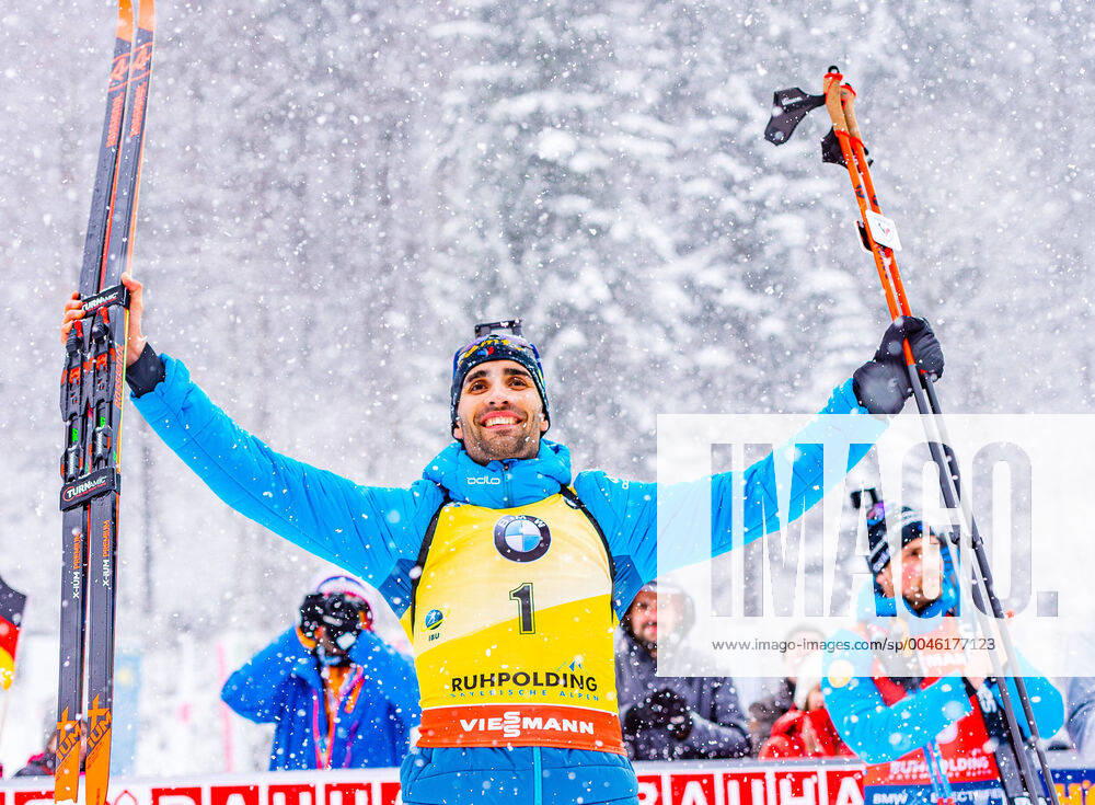 Chiemgau Arena, Ruhpolding, GER, IBU World Cup Biathlon, pursuit, men, award ceremony, in the picture Martin Fourcade FRA Martin Fourcade of France during the winner ceremony for the men s persecution competition of BMW IBU Biathlon World Cup at the Chiemgau Arena in Ruhpolding, Germany on 2020 01 19 Ruhpolding EP_ade