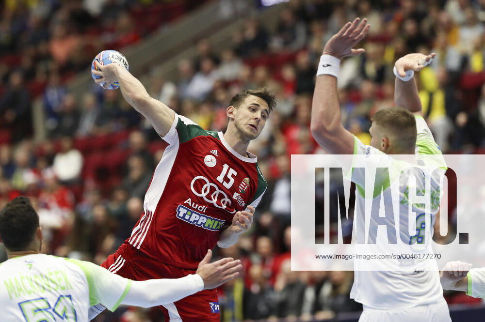 MALMOE 20200119 Hungarys Matyas Gyori 15 in action against Slovenias Nik Henigman 3 during the Men s European Handball Championship main round Group 2 match between Slovenia and Hungary at Malmo Arena, Friday Jan 19, 2020 Foto Andreas Hillergren TT kod 10600 Malmo Sweden