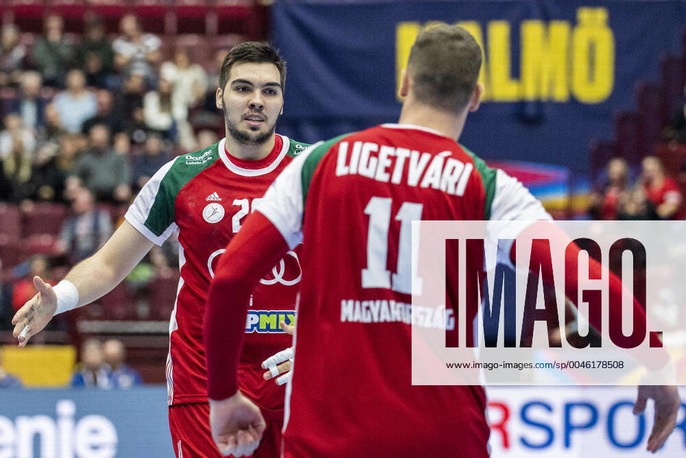 Miklos Rostas and Patrik Ligetvari of Hungary celebrate during the EHF European Handball Championship match between Slovenia and Hungary on January 19, 2020 in Malmö Photo Ludvig Thunman BILDBYRAN code LT 35708 bbeng ehf euro 2020 em 2020 european mens handball championship 2020 handball handball handball em 2020 handball handball em 2020 Slovenia Slovenia Hungary Hungary celebration celebration,