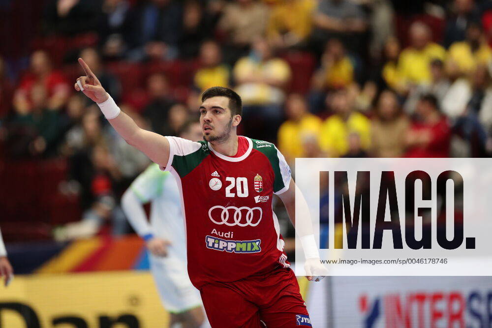 MALMOE 20200119 Hungary s Miklos Rosta celebrates after scoring during the Men s European Handball Championship main round Group 2 match between Slovenia and Hungary at Malmo Arena, Friday Jan 19, 2020 Foto Andreas Hillergren TT kod 10600 Malmo Sweden