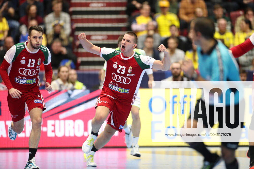 MALMOE 20200119 Hungary s Dominik Mahte scores during the Men s European Handball Championship main round Group 2 match between Slovenia and Hungary at Malmo Arena, Friday Jan 19, 2020 Foto Andreas Hillergren TT kod 10600 Malmo Sweden