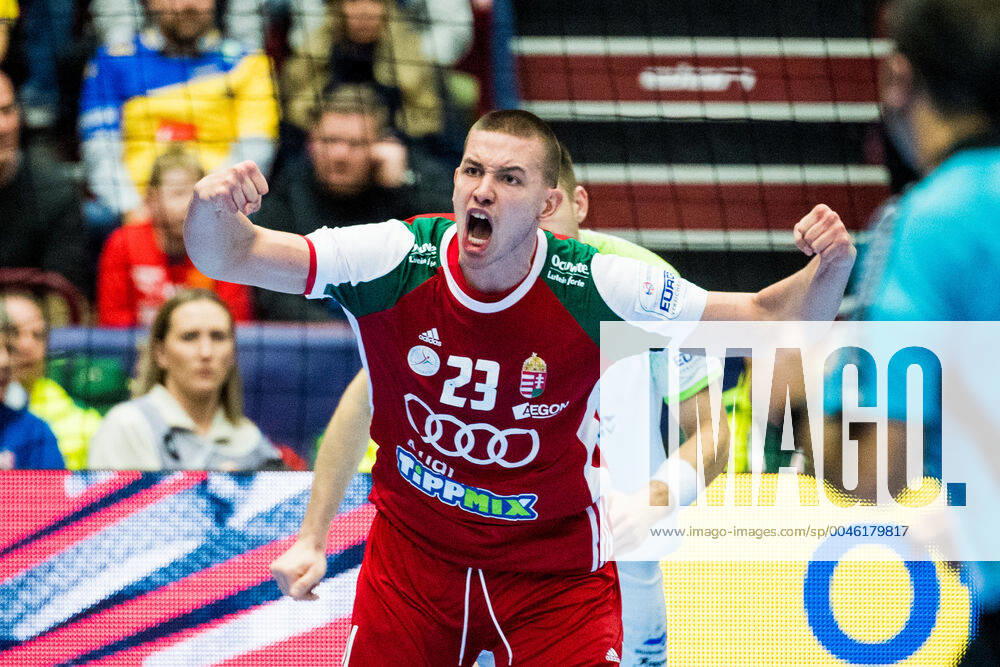 Dominik Mathe of Hungary celebrates during the EHF European Handball Championship match between Slovenia and Hungary on January 19, 2020 in Malmö Photo Ludvig Thunman BILDBYRAN code LT 35712 bbeng ehf euro 2020 em 2020 european mens handball championship 2020 handball handball handballs em 2020 handball handball em 2020 slovenia slovakia hungary hungry celebration celebration,