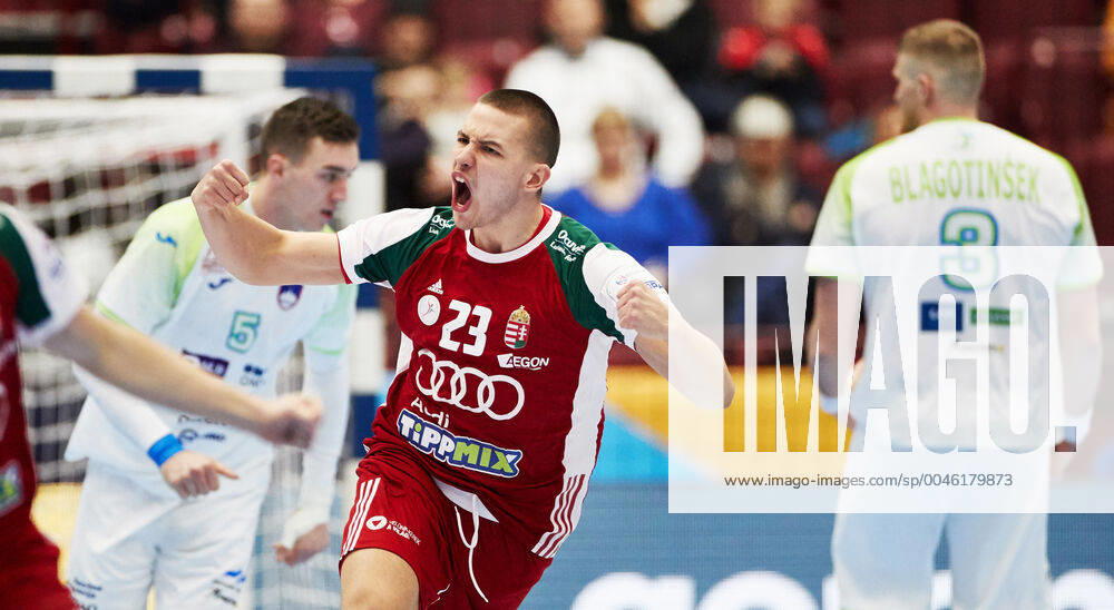 MALMOE 20200119 Hungary s Dominik Mahte scores during the Men s European Handball Championship main round Group 2 match between Slovenia and Hungary at Malmo Arena, Friday Jan 19, 2020 Foto Andreas Hillergren TT kod 10600 Malmo Sweden