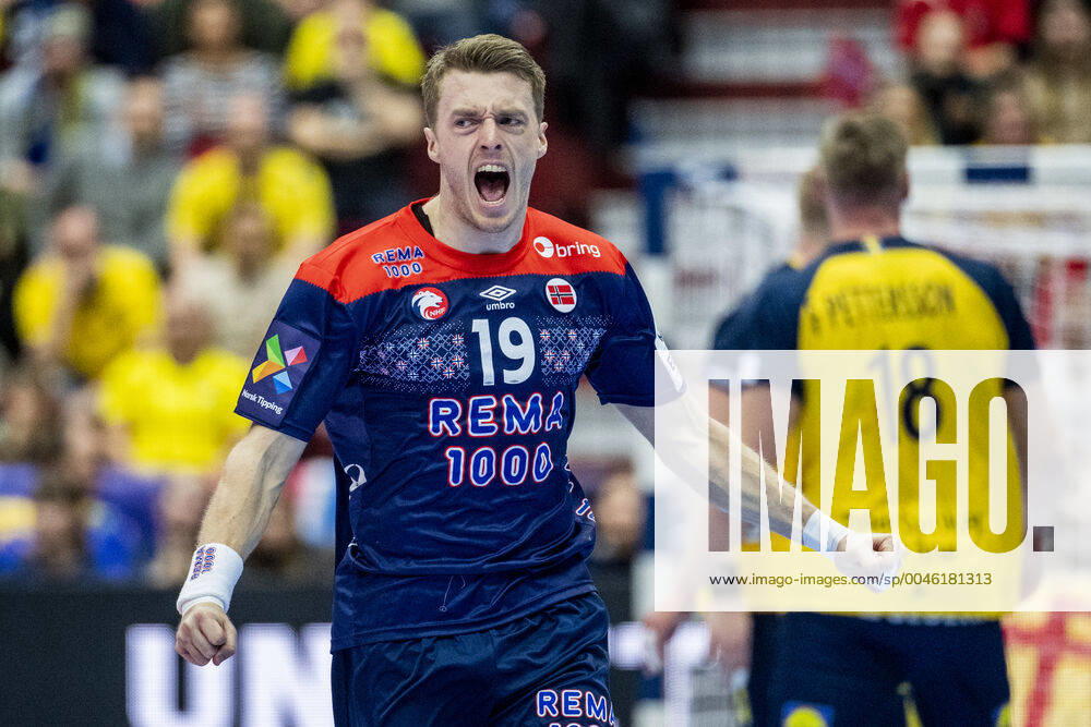 Kristian Bjornsen of Norway celebrates during the EHF European Handball Championship match between Norway and Sweden on January 19, 2020 in Malmö Photo Ludvig Thunman BILDBYRAN code LT 35713 bbeng ehf euro 2020 em 2020 european mens handball championship 2020 handball handball handball e20 handball handball em 2020 sweden sweden norway norway jubilee celebration,