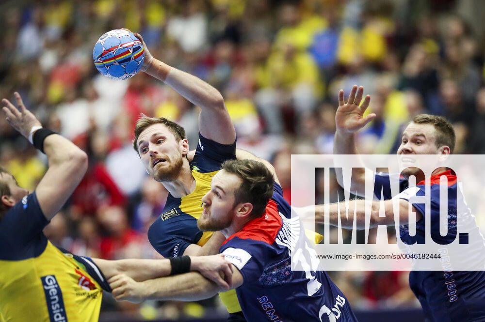 Sweden s Albin Lagergren top C is stopped by Norway s Christian O Sullivan and Petter Overby R during the Men s European Handball Championship main round Group 2 match between Slovenia and Hungary at Malmo Arena, Friday Jan 19, 2020 Photo Andreas Hillergren TT code 10600 Malmo Sweden HANDBALL