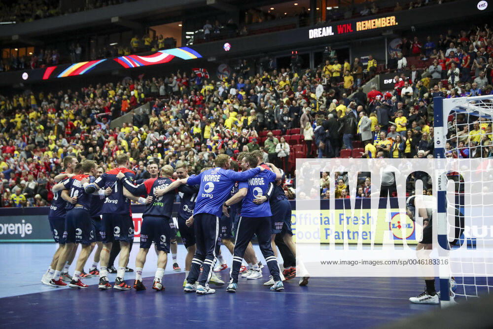 Norway s players celebrate after winning the Men s European Handball Championship main round Group 2 match between Slovenia and Hungary at Malmo Arena, Friday Jan 19, 2020 Photo Andreas Hillergren TT code 10600 Malmo Sweden HANDBALL