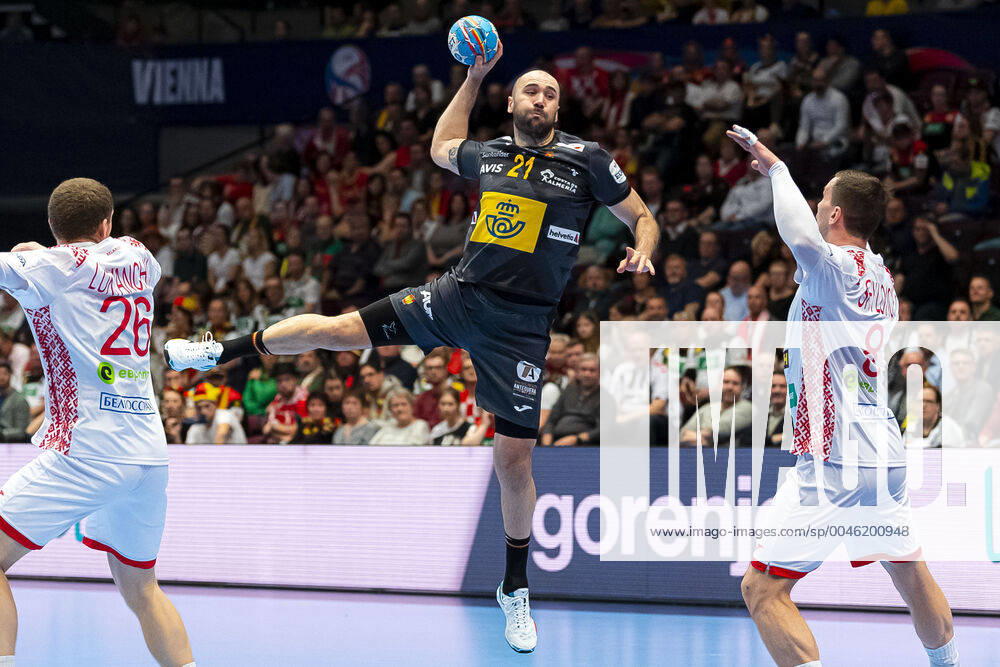 Handball, Men EM 2020, Main Round, Group 1, Belarus Spain Joan Canellas Reixach Spain , Siarhei Shylovich Belarus Vienna Stadthalle Vienna Austria