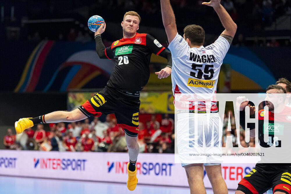Handball, Men EM 2020, Main Round, Group 1, Austria Germany Philipp Weber Germany SC DHfK Leipzig , Tobias Wagner Austria , Jannik Kohlbacher Germany Rhein Neckar Loewen Vienna Stadthalle Vienna Austria