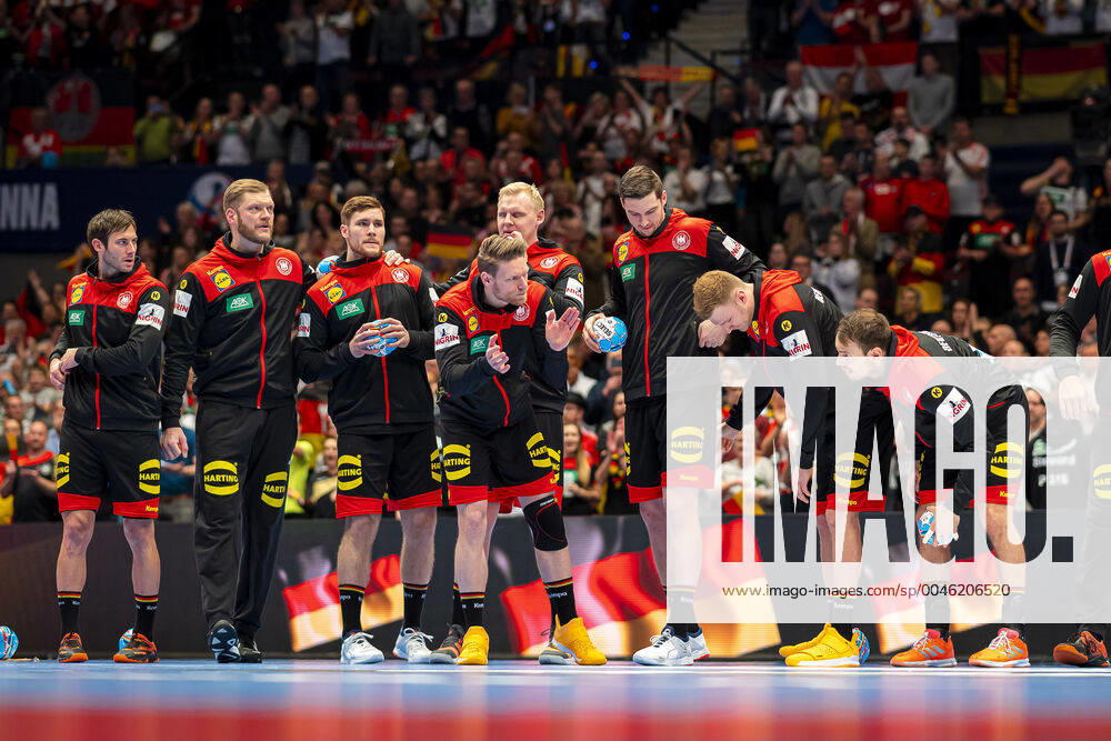 Handball, Men EM 2020, Main Round, Group 1, Austria Germany by Uwe Gensheimer Germany Rhein Neckar Loewen , Johannes Bitter Germany TVB Stuttgart , Johannes Golla Germany SG Flensburg , Patrick Wiencek Germany THW Kiel , Tobias Reichmann Germany MT Melsungen , Hendrik Pekeler Germany THW Kiel , Philipp Weber Germany SC DHfK Leipzig , Kai Häfner Haefner Germany MT Melsungen Vienna Stadthalle Vienna Austria