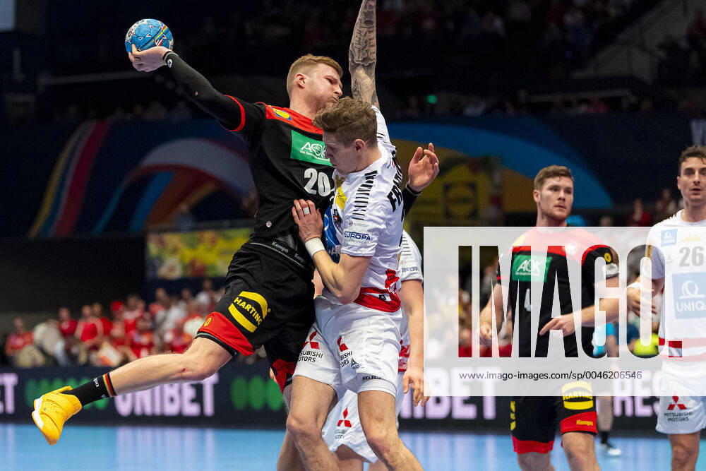Handball, Men EM 2020, Main Round, Group 1, Austria Germany Philipp Weber Germany SC DHfK Leipzig , Sebastian Frimmel Austria Vienna Stadthalle Vienna Austria