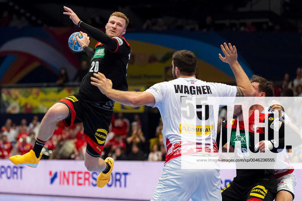 Handball, Men EM 2020, Main Round, Group 1, Austria Germany from Philipp Weber Germany SC DHfK Leipzig , Tobias Wagner Austria , Jannik Kohlbacher Germany Rhein Neckar Loewen Vienna Stadthalle Vienna Austria