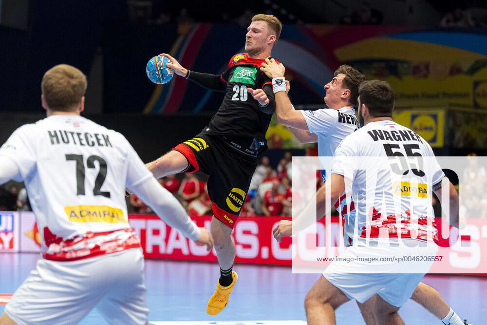 Handball, Men EM 2020, Main Round, Group 1, Austria Germany Lukas Hutecek Austria , Philipp Weber Germany SC DHfK Leipzig , Lukas Herburger Austria , Tobias Wagner Austria Vienna Stadthalle Vienna Austria