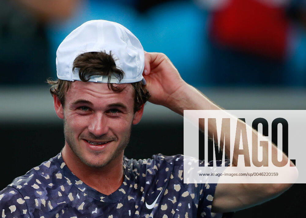(200122) -- MELBOURNE, Jan. 22, 2020 -- Tommy Paul of the United States reacts after winning the men s singles second round match between Tommy Paul of the United States and Grigor Dimitrov of Bulgaria at the 2020 Australian Open tennis tournament in Melbourne, Australia, Jan. 22, 2020. ) (SP)AUSTRALIA-MELBOURNE-TENNIS-AUSTRALIAN OPEN-DAY 3 WangxJingqiang