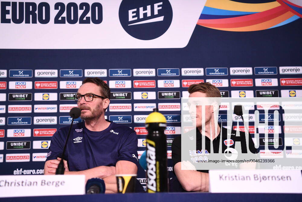 Norway s Christian Berge and Kristian Bjornsen during a press conference with the semi finalists at the Men s European Handball Championship in Stockholm, Sweden, on Jan 23, 2020 STOCKHOLM SWEDEN