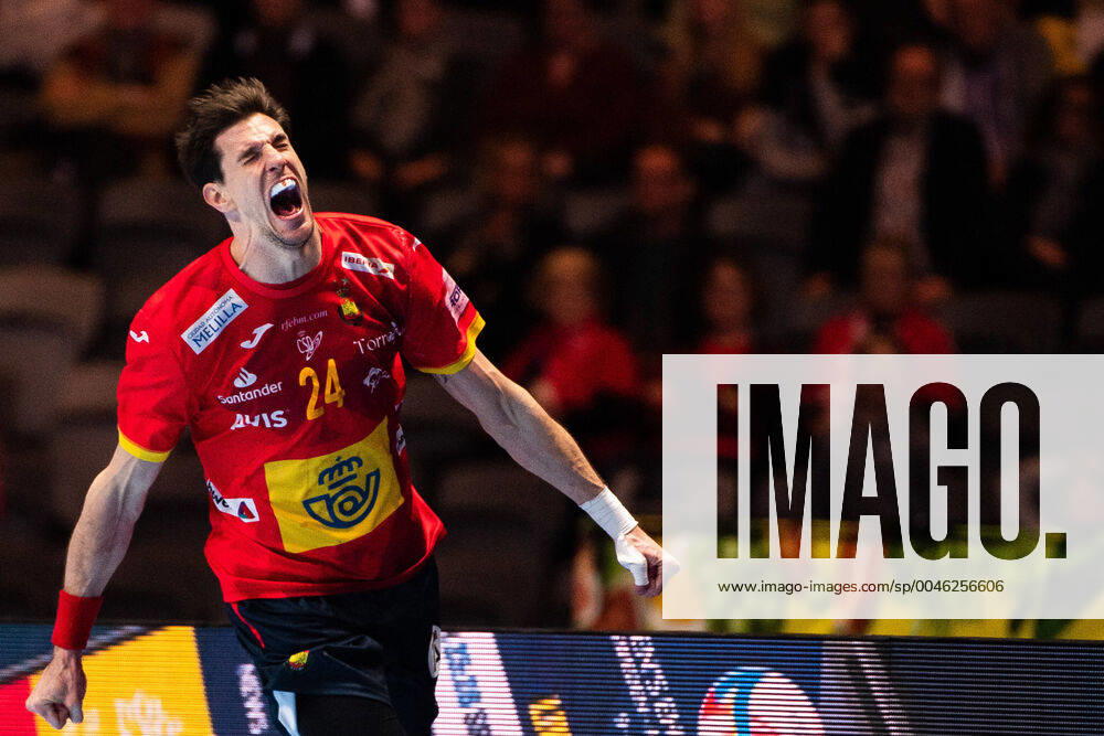 Viran Morros de Argila of Spain celebrates during the EHF European Handball Championship Semi final between Spain and Slovenia on January 24, 2020 in Stockholm Photo Johanna Lundberg BILDBYRAN code JL 136106 bbeng ehf euro 2020 em 2020 european mens handball championship 2020 handball handball handball em 2020 handball handball em 2020 spain spain slovenia slovenia semifinal semi final cheer,