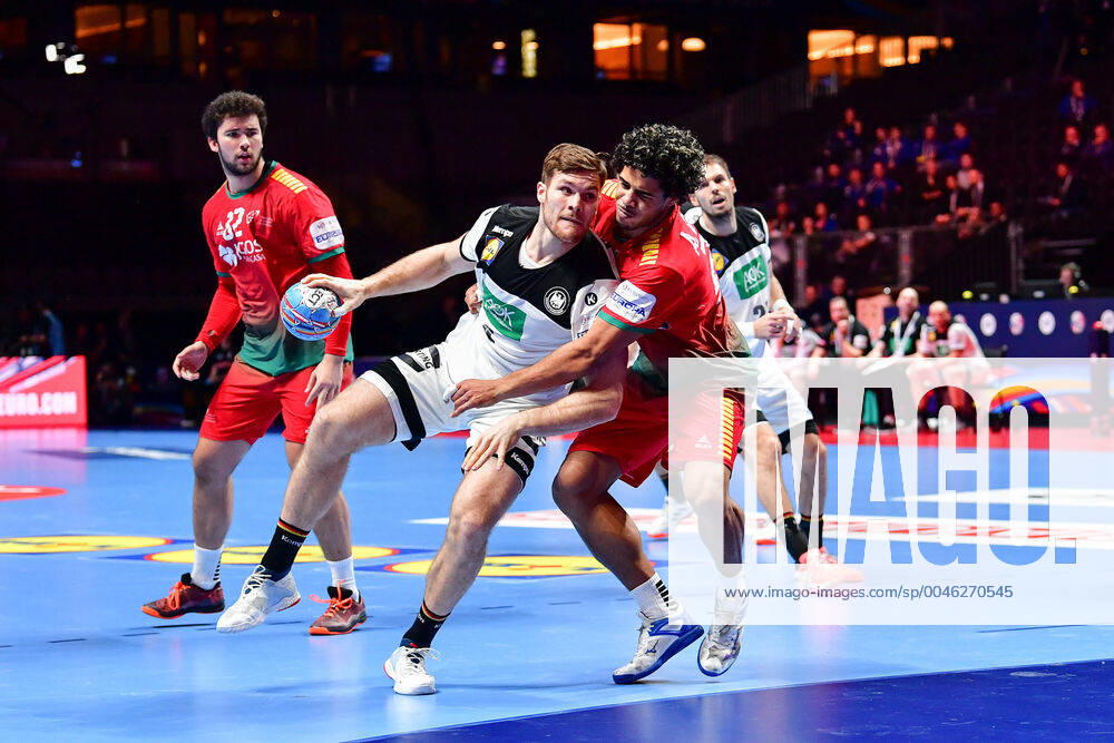 Handball European Championship Match for Rank 5, 25 01 2020, Germany Portugal, Tele2 Arena, Stockholm Johannes Golla Germany, 4 Andre Gomes Portugal, 27 Duel Circle Runner Action, 25 01 2020, Stockholm Sweden, Handball, EM 2020, Match for Rank 5, Germany Portugal