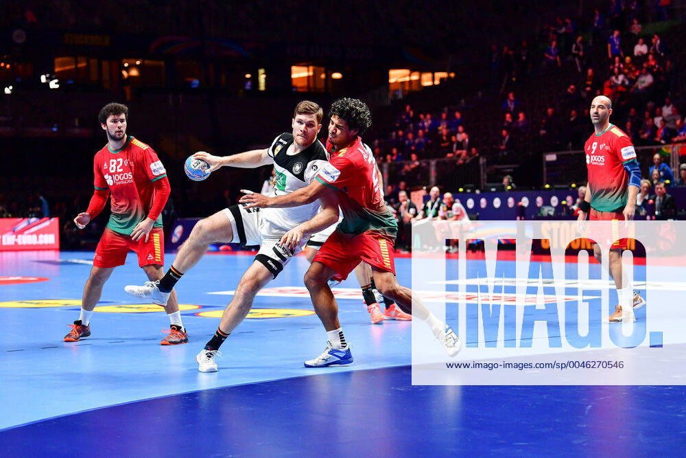 Handball European Championship Match for Rank 5, 25 01 2020, Germany Portugal, Tele2 Arena, Stockholm Johannes Golla Germany, 4 Andre Gomes Portugal, 27 Duel Circle Runner Action, 25 01 2020, Stockholm Sweden, Handball, EM 2020, Match for Rank 5, Germany Portugal