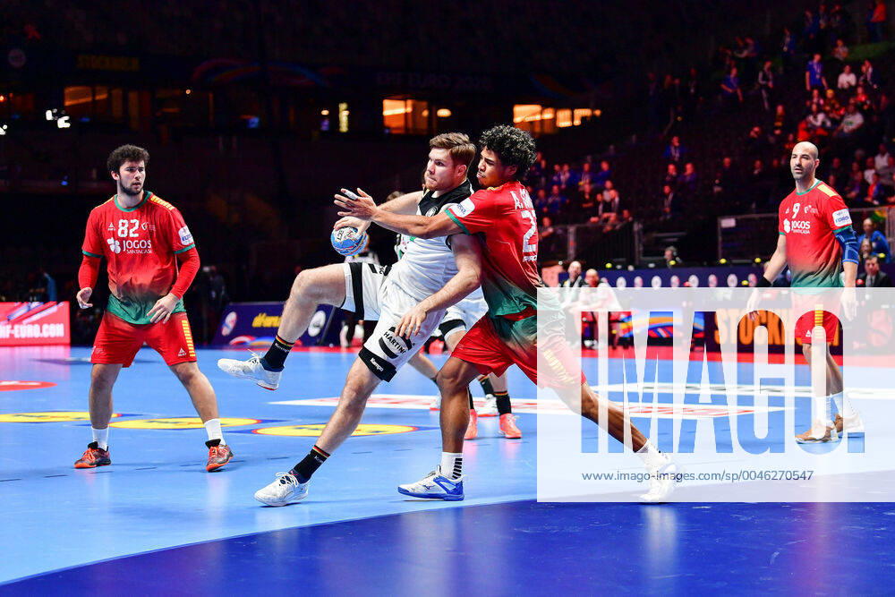 Handball European Championship Match for Rank 5, 25 01 2020, Germany Portugal, Tele2 Arena, Stockholm Johannes Golla Germany, 4 Andre Gomes Portugal, 27 Duel Circle Runner Action, 25 01 2020, Stockholm Sweden, Handball, EM 2020, Match for Rank 5, Germany Portugal