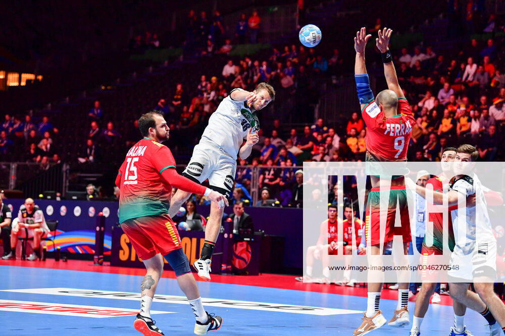 Handball European Championship Match for Rank 5, 25 01 2020, Germany Portugal, Tele2 Arena, Stockholm Fabian Böhm Germany, 38 Jump Throw Action Throw Goal, 25 01 2020, Stockholm Sweden , Handball, EM 2020, Match for Rank 5, Germany Portugal