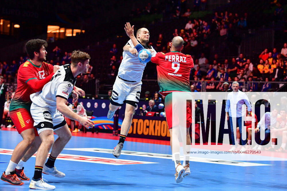 Handball European Championship Match for Rank 5, 25 01 2020, Germany Portugal, Tele2 Arena, Stockholm Paul Drux Germany, 95 Joao Miguel Ferraz Portugal, 9 Attack Action Throw, 25 01 2020, Stockholm Sweden, Handball, EM 2020, Match for Rank 5, Germany Portugal