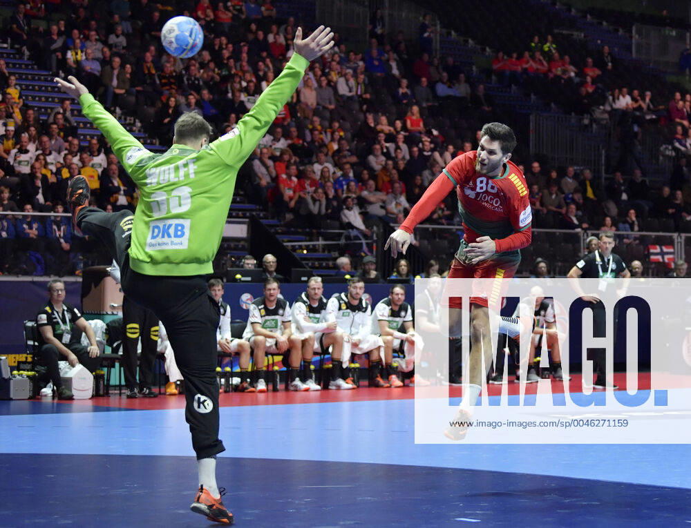 Portugal s Fabio Magalhaes C scores 13 13 on Germany s goal keeper Andreas Wolff during the match for fifth sixth place between Germany and Portugal during the Men s European Handball Championship in Stockholm, Sweden, on Jan 25, 2020 Stockholm Sverige