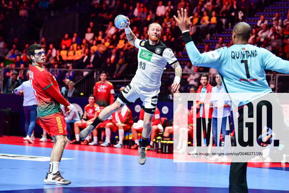 Handball European Championship Match for Rank 5, 25 01 2020, Germany Portugal, Tele2 Arena, Stockholm Rui Silva Portugal, 14 Patrick Zieker Germany, 93 Alfredo Quintana Goalkeeper, Portugal, 1 Goal Throw Action Emotional, 25 01 2020, Stockholm Sweden , Handball, EM 2020, Match for Rank 5, Germany Portugal