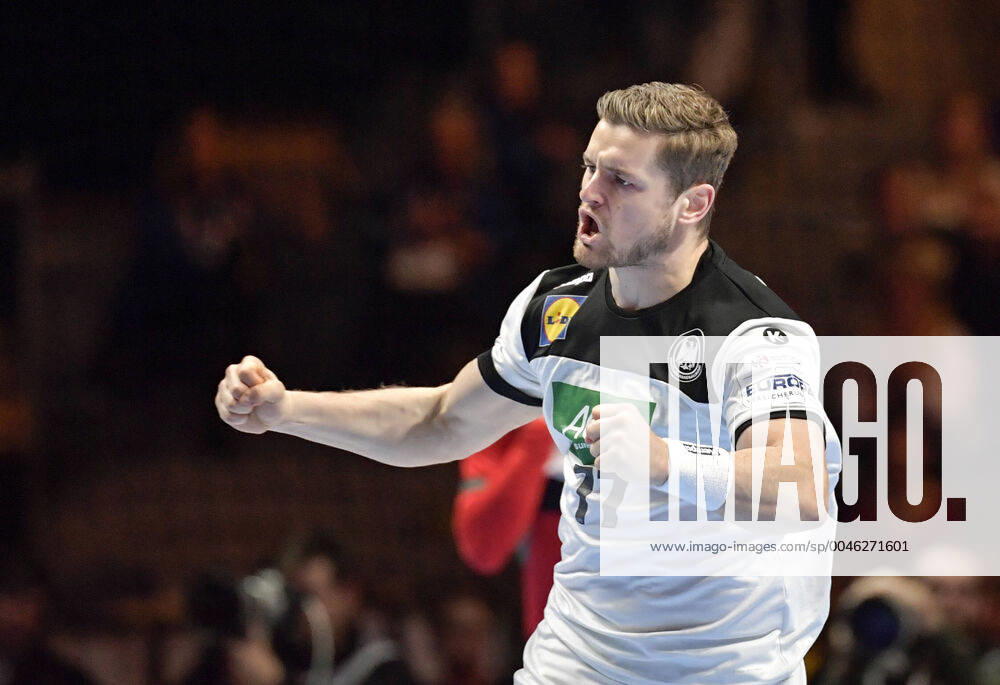 Germany s David Schmidt celebrates after scoring during the match for fifth sixth place between Germany and Portugal during the Men s European Handball Championship in Stockholm, Sweden, on Jan 25, 2020 Stockholm Sverige