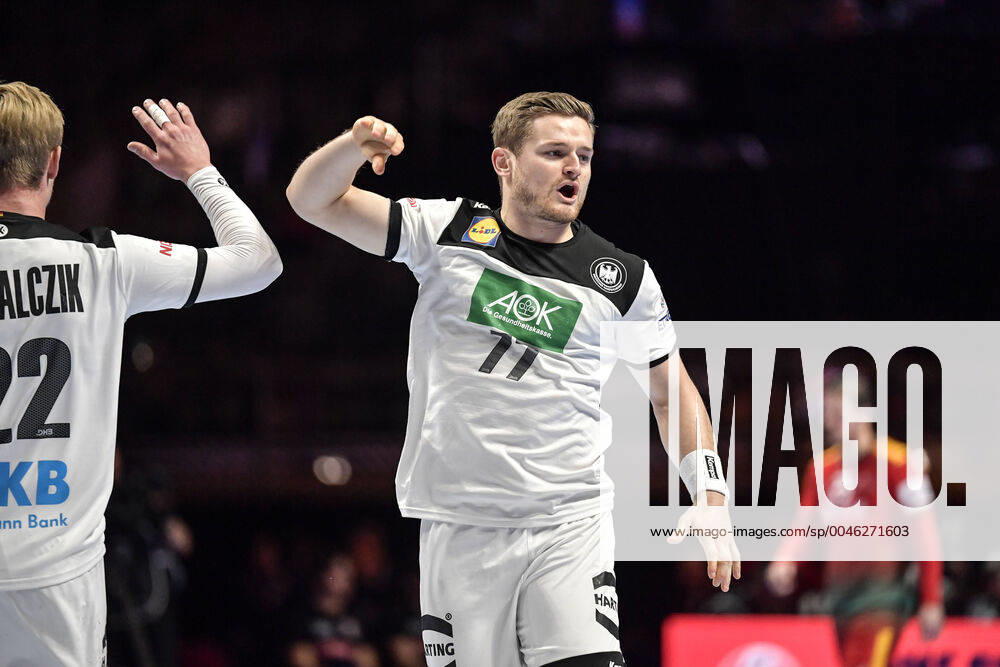 Germany s David Schmidt celebrates after scoring during the match for fifth sixth place between Germany and Portugal during the Men s European Handball Championship in Stockholm, Sweden, on Jan 25, 2020 Stockholm Sverige