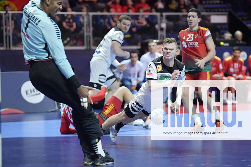 Germany s Timo Kastening in action against Portugal s goal keeper Alfredo Quintana during the match for fifth sixth place between Germany and Portugal during the Men s European Handball Championship in Stockholm, Sweden, on Jan 25, 2020 Stockholm Sverige