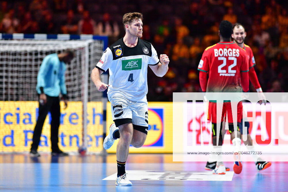 Handball European Championship Match for Rank 5, 25 01 2020, Germany Portugal, Tele2 Arena, Stockholm Johannes Golla Germany, 4 Jubel Treffer Tor Action, 25 01 2020, Stockholm Sweden , Handball, EM 2020, Match for Rank 5, Germany Portugal