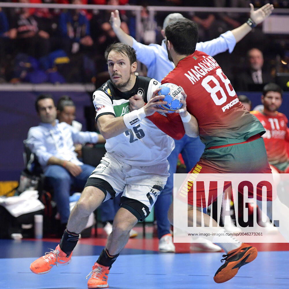 Germany s Kai Hafner in action against Portugal s Fabio Magalhaes during the match for fifth sixth place between Germany and Portugal during the Men s European Handball Championship in Stockholm, Sweden, on Jan 25, 2020 Stockholm Sverige