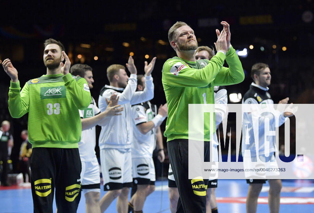 Germany s players celebrate winnning the match for fifth sixth place between Germany and Portugal during the Men s European Handball Championship in Stockholm, Sweden, on Jan 25, 2020 Stockholm Sverige