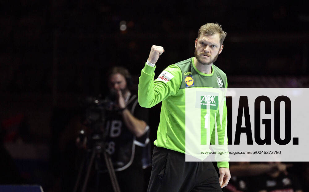 Germany s goalkeeper Johannes Bitter celebrates after making a save during the match for fifth sixth place between Germany and Portugal during the Men s European Handball Championship in Stockholm, Sweden, on Jan 25, 2020 Stockholm Sverige