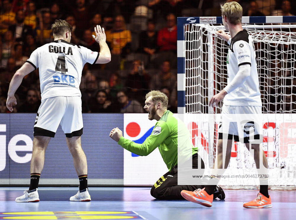 Germany s goalkeeper Johannes Bitter C celebrates after making a save during the match for fifth sixth place between Germany and Portugal during the Men s European Handball Championship in Stockholm, Sweden, on Jan 25, 2020 Stockholm Sverige
