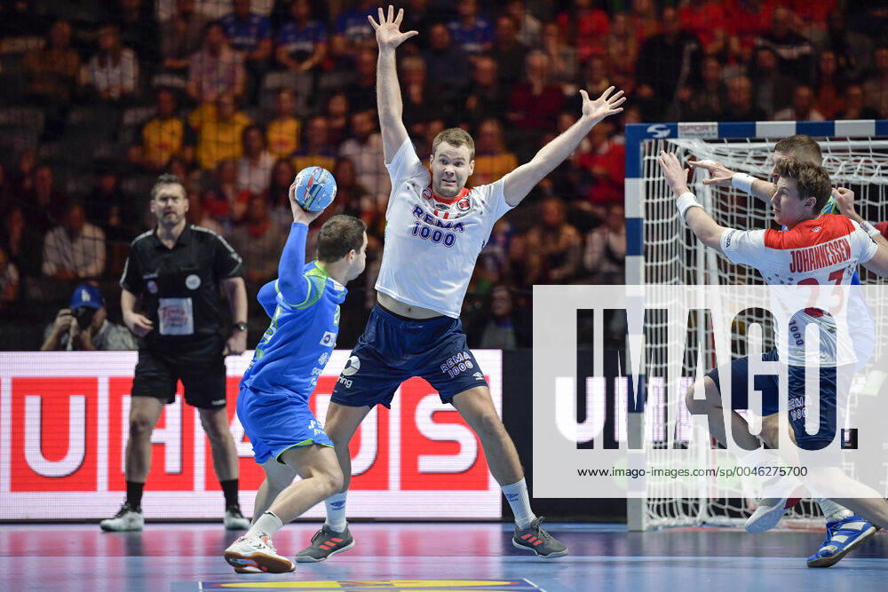 Norway s Petter Overby tries to block a shot during the bronze medal match between Slovenia and Norway during the Men s European Handball Championship in Stockholm, Sweden, on Jan 25, 2020 Stockholm Sverige