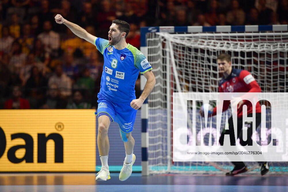 Slovenia s Blaz Janc L celebrates scoring during the bronze medal match between Slovenia and Norway during the Men s European Handball Championship in Stockholm, Sweden, on Jan 25, 2020 Stockholm Sverige