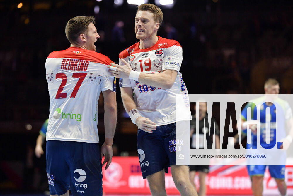 Norway s Kristian Bjornsen R celebrates a goal with Harald Reinkind during the bronze medal match between Slovenia and Norway during the Men s European Handball Championship in Stockholm, Sweden, on Jan 25, 2020 Stockholm Sverige