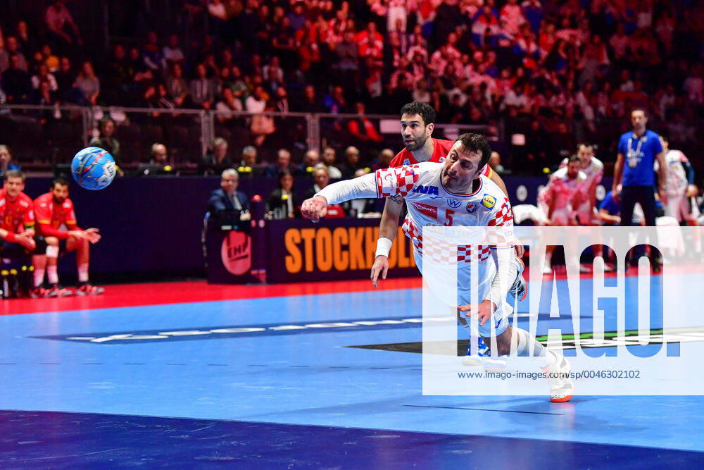 Handball European Championship Final, 26 01 2020, Spain Croatia, Tele2 Arena, Stockholm Domagoj Duvnjak Croatia, 5 Seven-meter action throw goal throw, 26 01 2020, Stockholm Sweden, Handball, EM 2020, Final, Croatia Spain
