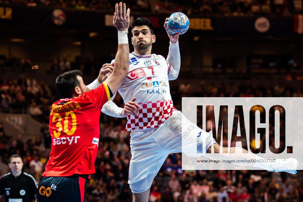 Luka Stepanic of Croatia and Gedeon Guardiola Villaplana of Spain during the EHF European Handball Championship final between Spain and Croatia on January 26, 2020 in Stockholm,