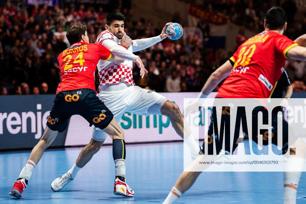 Viran Morros de Argila of Spain and Luka Stepanic of Croatia during the EHF European Handball Championship final between Spain and Croatia on January 26, 2020 in Stockholm,