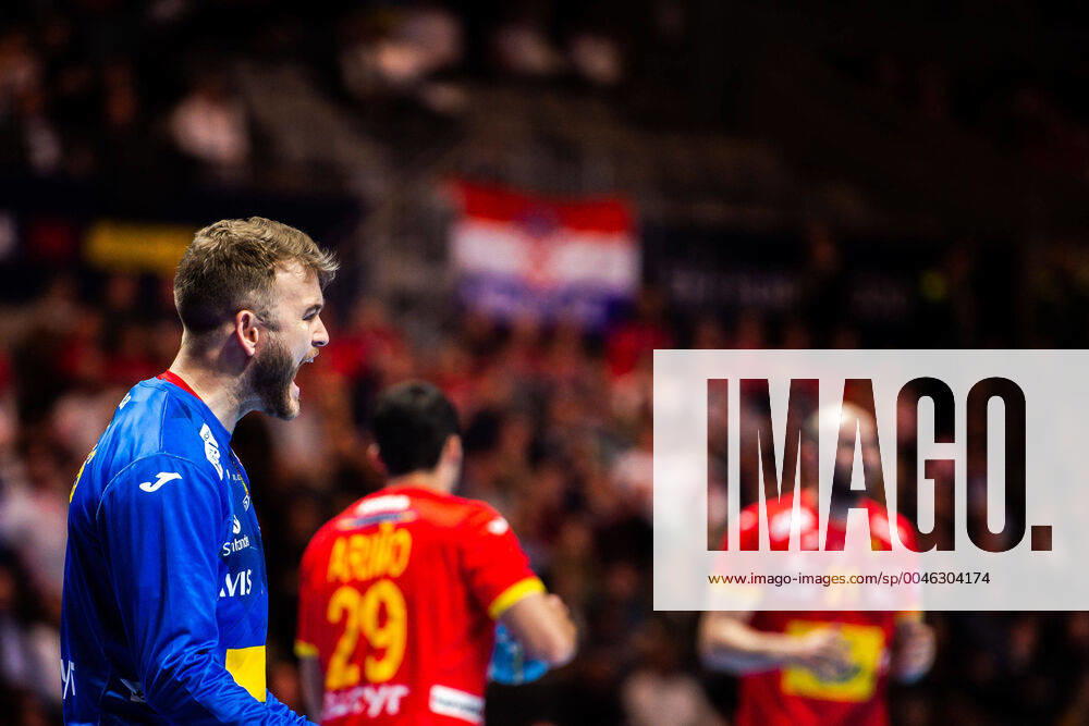 Goalkeeper Gonzalo Perez de Vargas Moreno of Spain celebrates during the EHF European Handball Championship final between Spain and Croatia on January 26, 2020 in Stockholm,