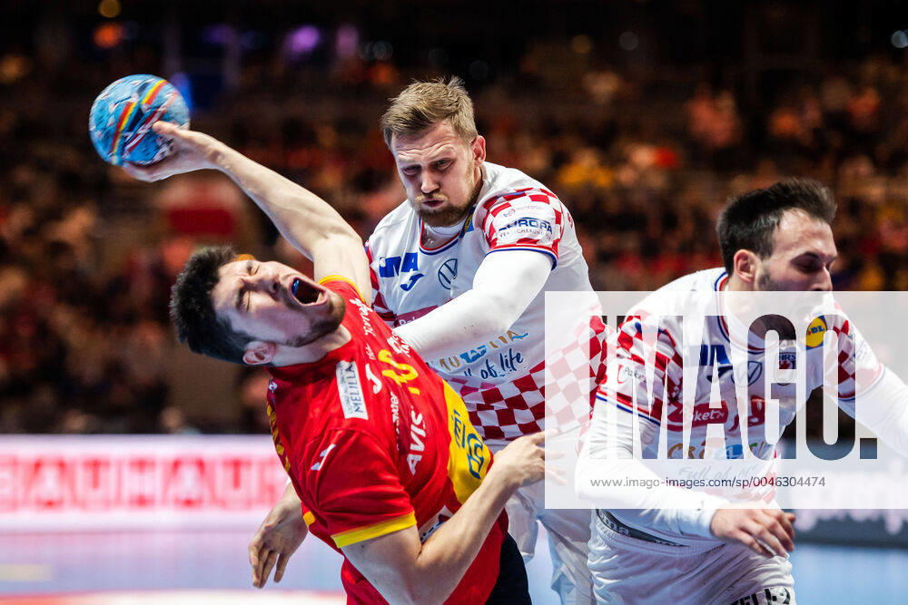 David Mandic of Croatia against Alex Dujshebaev Dovichebaeva during the EHF European Handball Championship final between Spain and Croatia on January 26, 2020 in Stockholm,
