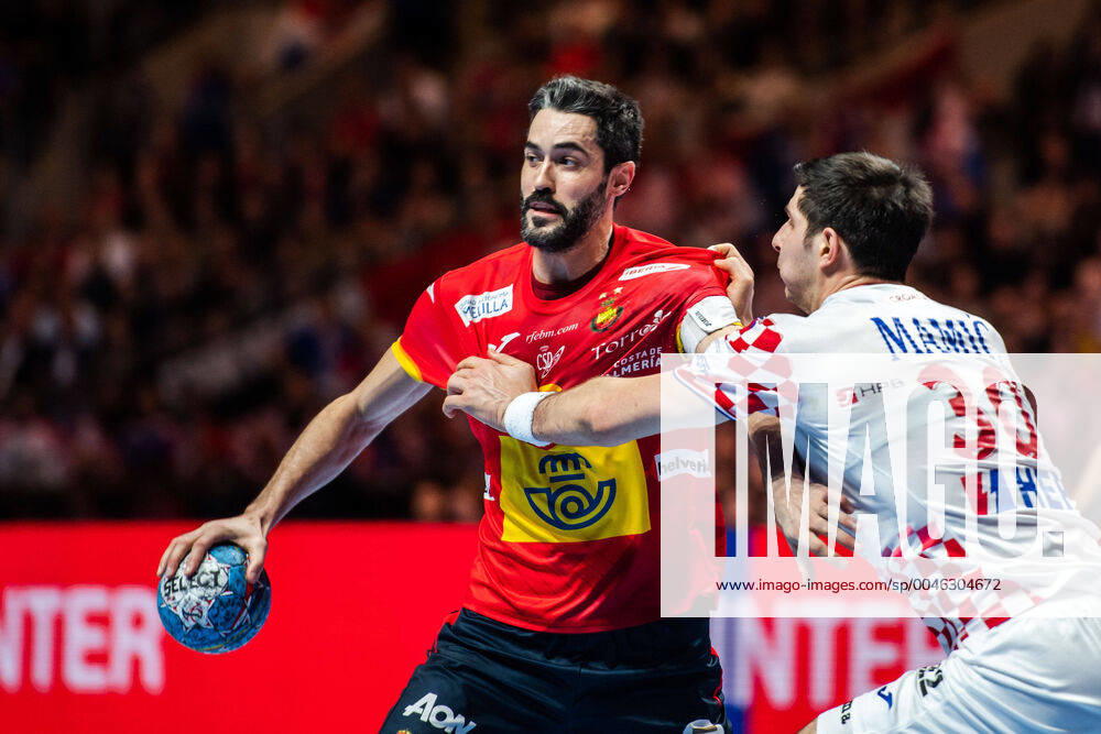 Raul Entrerrios Rodriguez of Sweden and Marko Mamic of Croatia during the EHF European Handball Championship final between Spain and Croatia on January 26, 2020 in Stockholm,