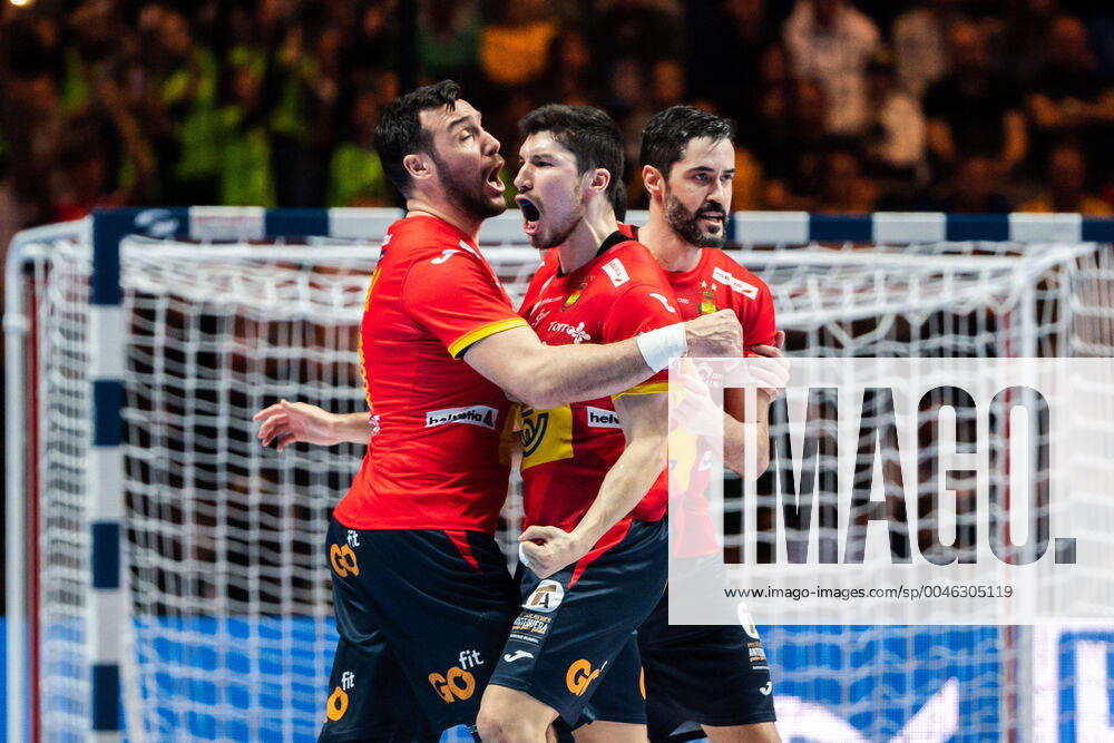 Gedeon Guardiola Villaplana and Raul Entrerrios Rodriguez of Spain celebrate during the EHF European Handball Championship final between Spain and Croatia on January 26, 2020 in Stockholm,