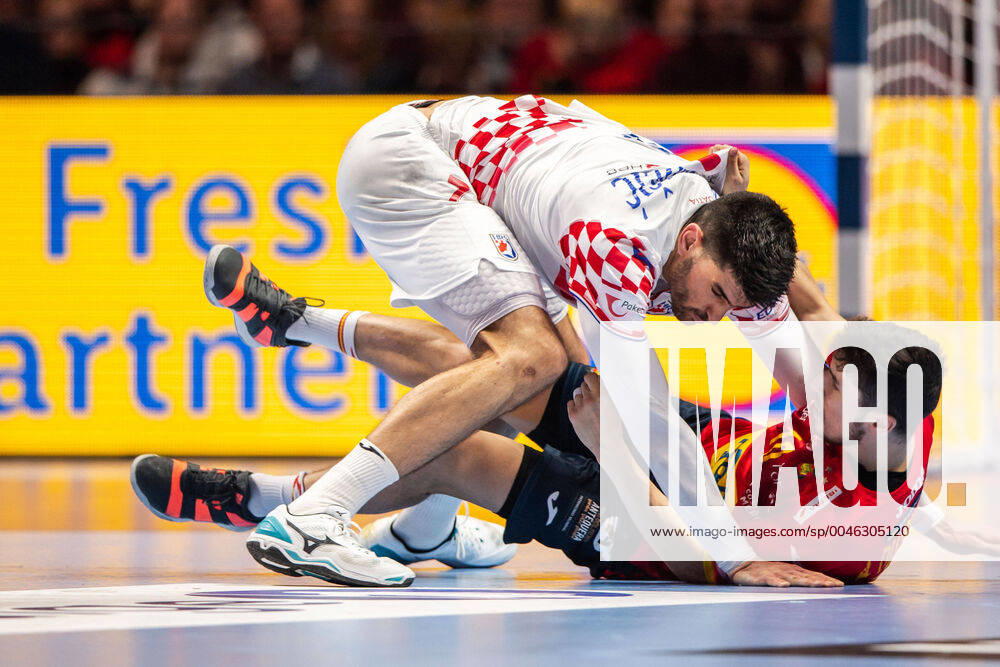 Luka Stepanic of Croatia and Alex Dujshebaev Dovichebaeva of Spain during the EHF European Handball Championship final between Spain and Croatia on January 26, 2020 in Stockholm,
