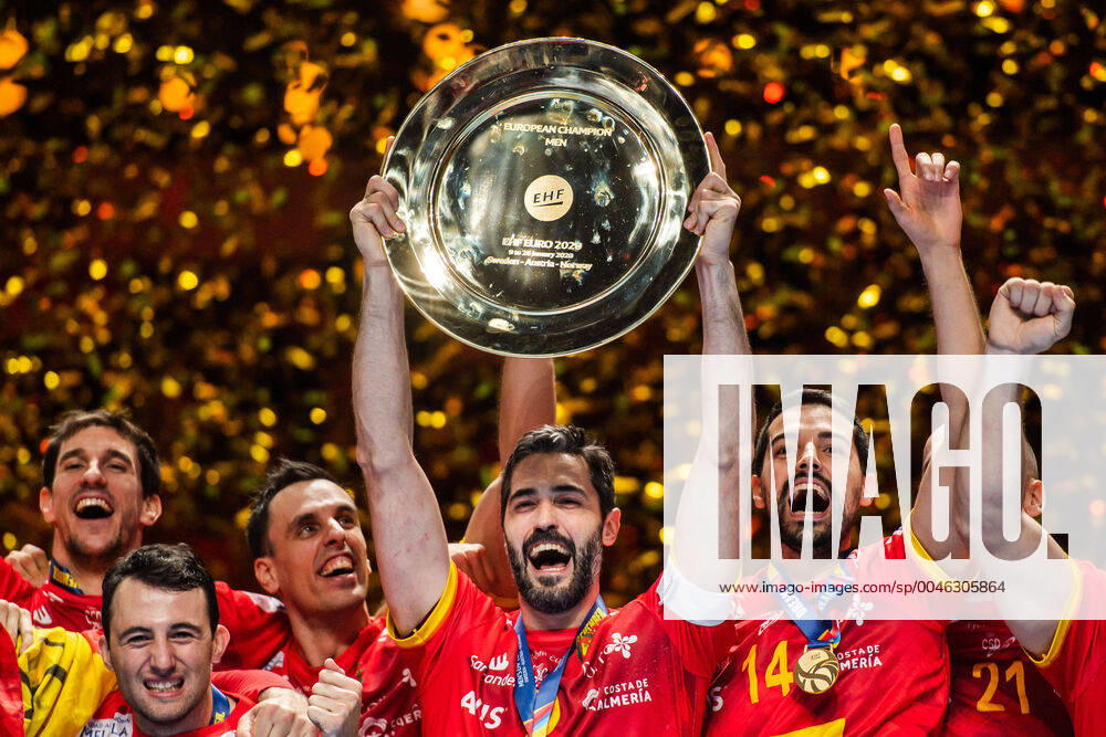 Raul Entrerrios Rodriguez of Spain celebrate with teammates and the trophy after the EHF European Handball Championship final between Spain and Croatia on January 26, 2020 in Stockholm,