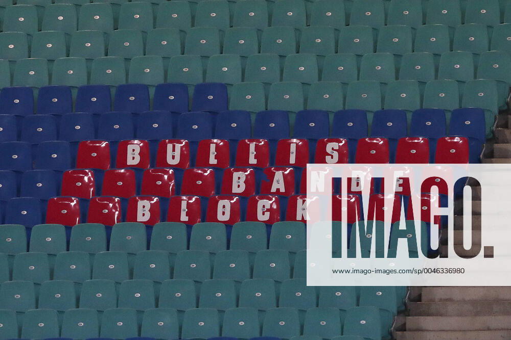 Red seats with the lettering Bullis Bande Block in the Red Bull Arena 1 Football Bundesliga season 2019 2020 RasenBallsport Leipzig vs 1 FC Union Berlin in the Red Bull Arena in Leipzig Football,Germany