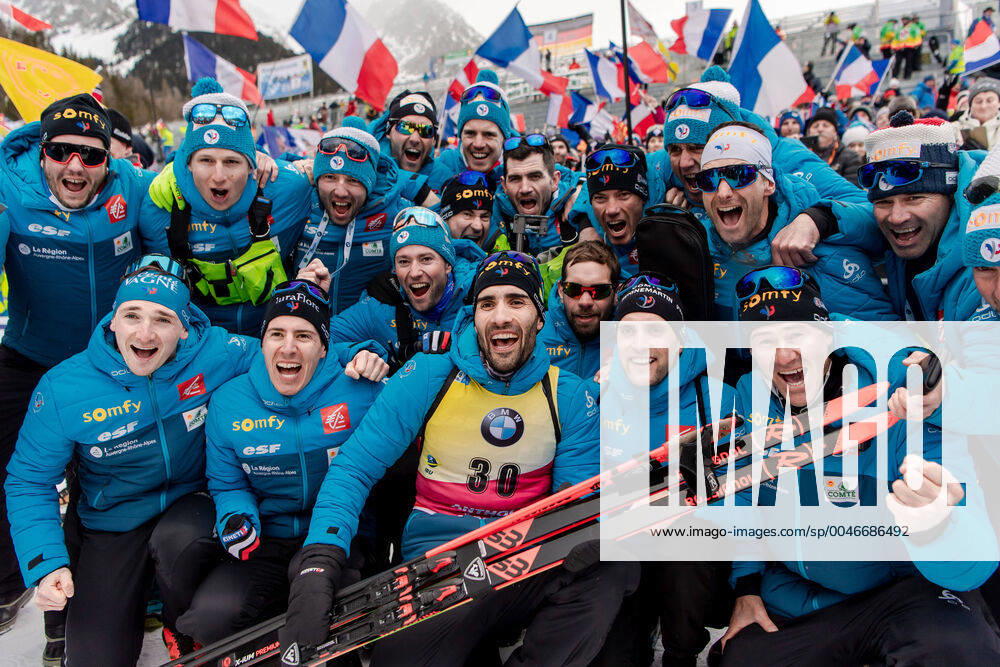 Martin Fourcade of France celebrates his first place with his team after the mens 20 km individual during the IBU Biathlon World Championships on February 19, 2020 in Antholz Photo Joel Marklund BILDBYRAN code JM 88117 bbeng biathlon biathlon World Cup biathlon World Cup IBU Biathlon World Championships 2020 Anterselva individual distance race distance cheer,