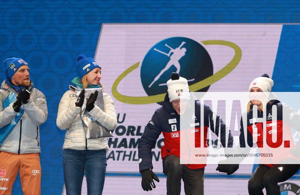 BIATHLON - IBU World Championships Antholz 2020 ANTHOLZ,ITALY,20.FEB.20 - BIATHLON - IBU World Championships 2020, single mixed relay. Image shows the rejoicing of Erik Lesser and Franziska Preuss (GER). Keywords: medal. GEPAxpictures xAndreasxPranter
